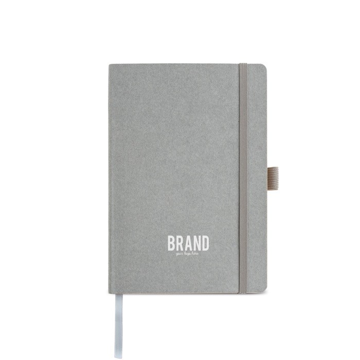 Libreta con tapa de papel resistente al agua A5 hojas lisas color gris claro vista con logo impreso