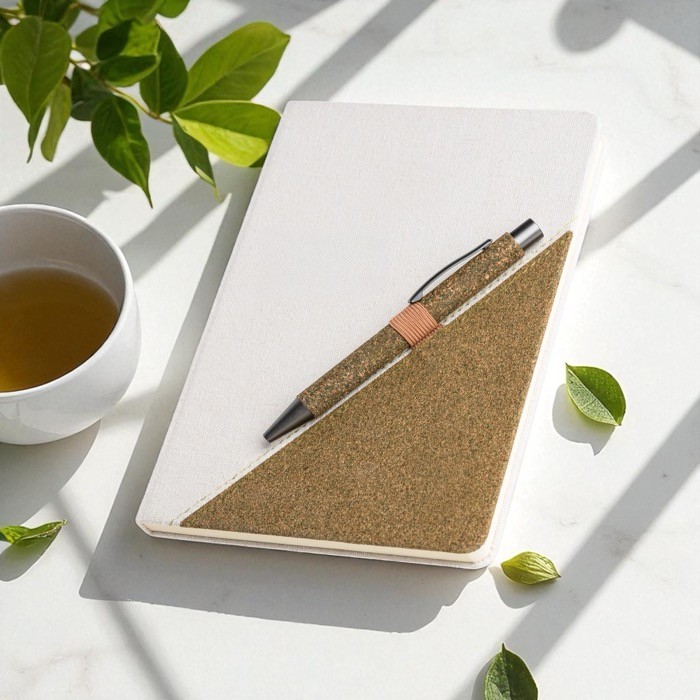 Libreta de algodón reciclado con bolígrafo de té verde A5 hojas lisas vista de ambiente