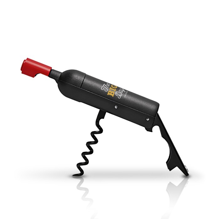 Sacacorchos de plástico con forma de botella e imán incorporado color negro vista con logo impreso