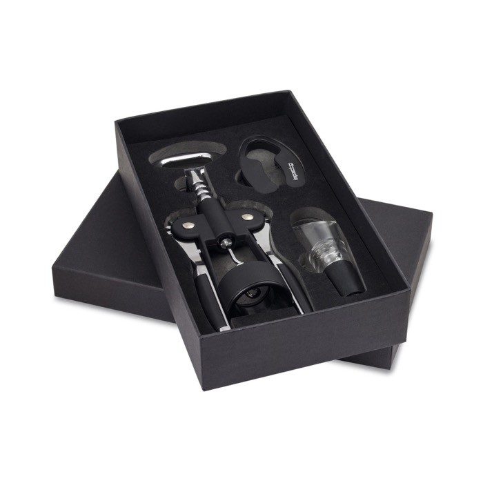 Set de vino de acero inoxidable con 3 partes y cuatro funciones color negro Set de vino de acero inoxidable con 3 partes y cuatro funciones color negro