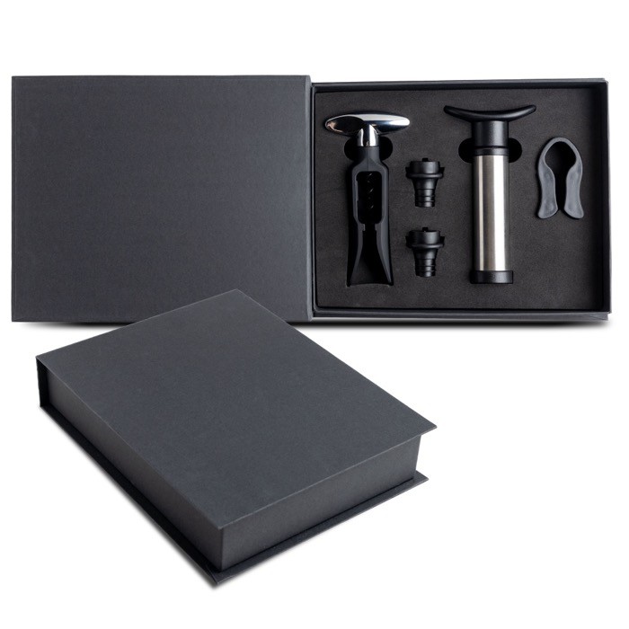 Set de vino con varios utensilios como una bomba o un sacacorchos color negro vista 2