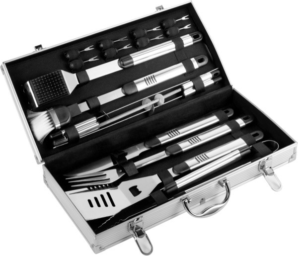 Maletín de aluminio con 18 accesorios de BBQ de acero inoxidable color plateado cuarta vista Maletín de aluminio con 18 accesorios de BBQ de acero inoxidable color plateado cuarta vista