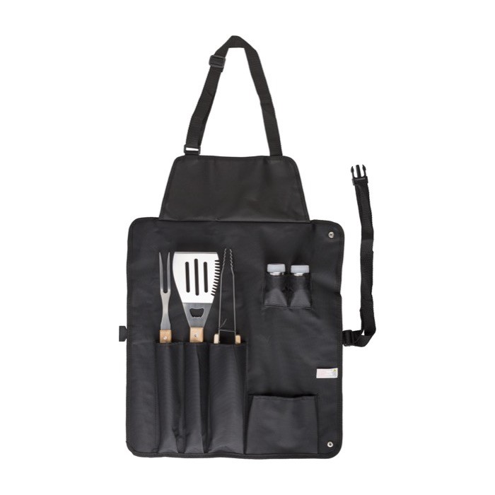 Delantal de nilón con 6 accesorios de BBQ de acero inoxidable color negro segunda vista