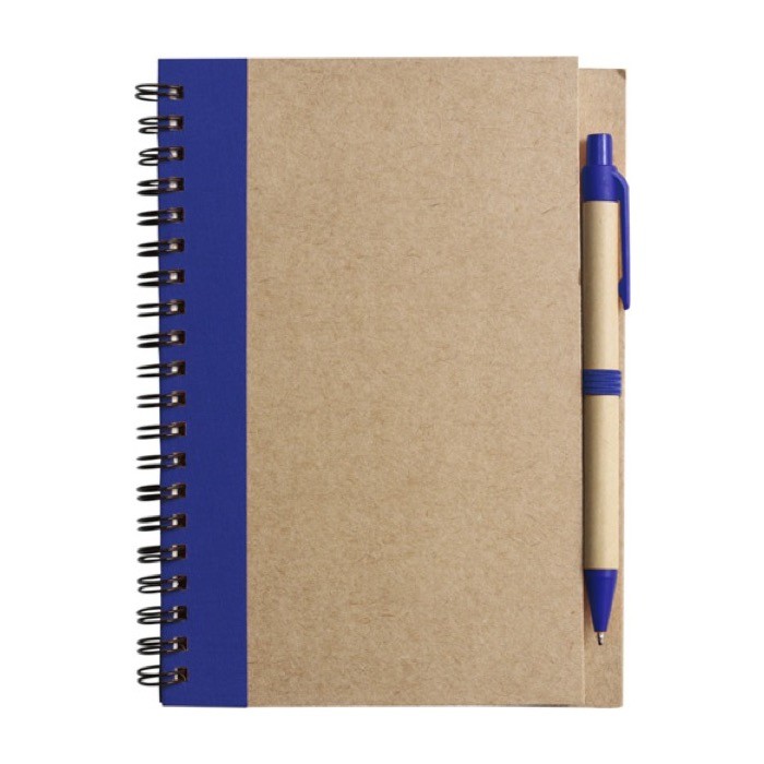 Libreta con tapas y bolígrafo reciclados color azul real primera vista