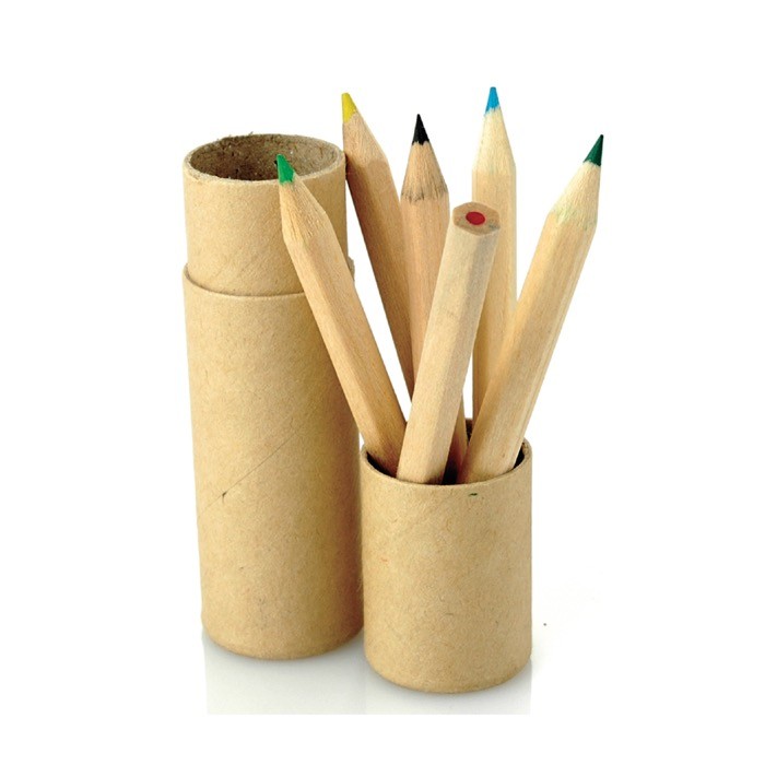 Estuche de cartón redondo con 6 lápices de colores de madera color natural vista 2
