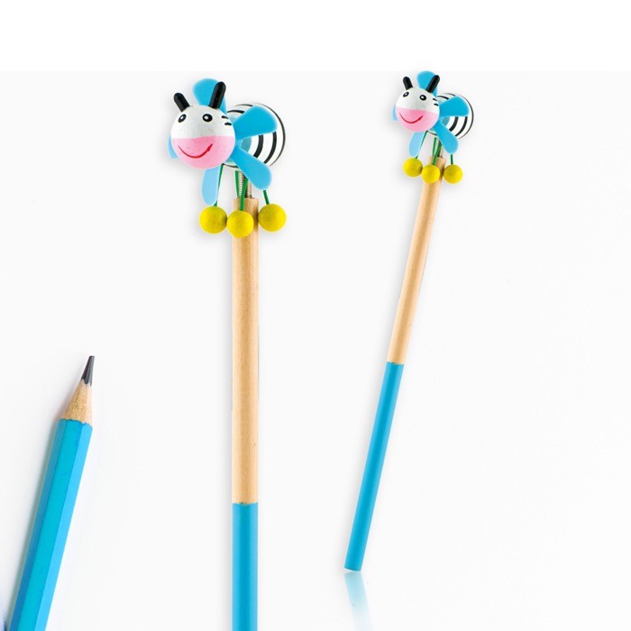Lápiz infantil bicolor con figuras divertidas en un extremo color azul claro vista 2 Lápiz infantil bicolor con figuras divertidas en un extremo color azul claro vista 2