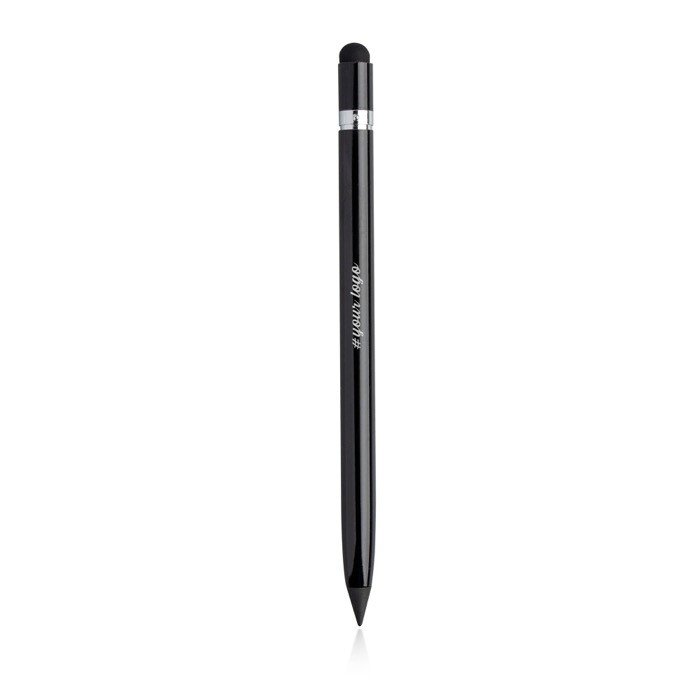 Lápiz infinito con punta de carbono y puntero táctil con goma color negro vista con logo impreso Lápiz infinito con punta de carbono y puntero táctil con goma color negro vista con logo impreso