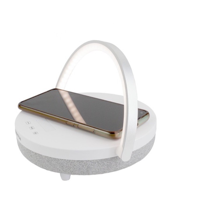 Altavoz Prixton 4 en 1 de 10W con luz LED y base de carga inalámbrica color blanco quinta vista