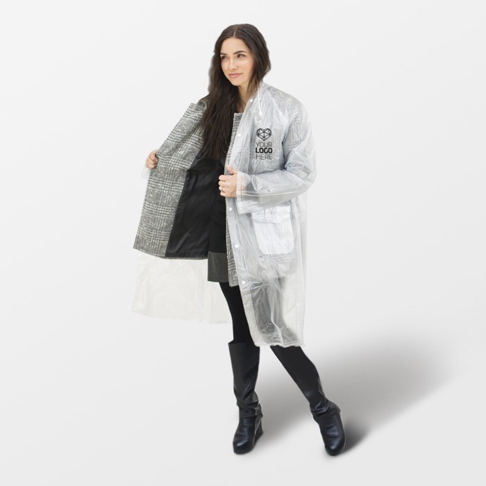 Impermeable de talla única con cierre delantero y gorro incluido vista con logo impreso Impermeable de talla única con cierre delantero y gorro incluido vista con logo impreso