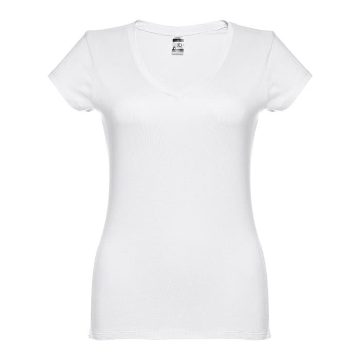 Camiseta corporativa cuello V para mujer color blanco primera vista