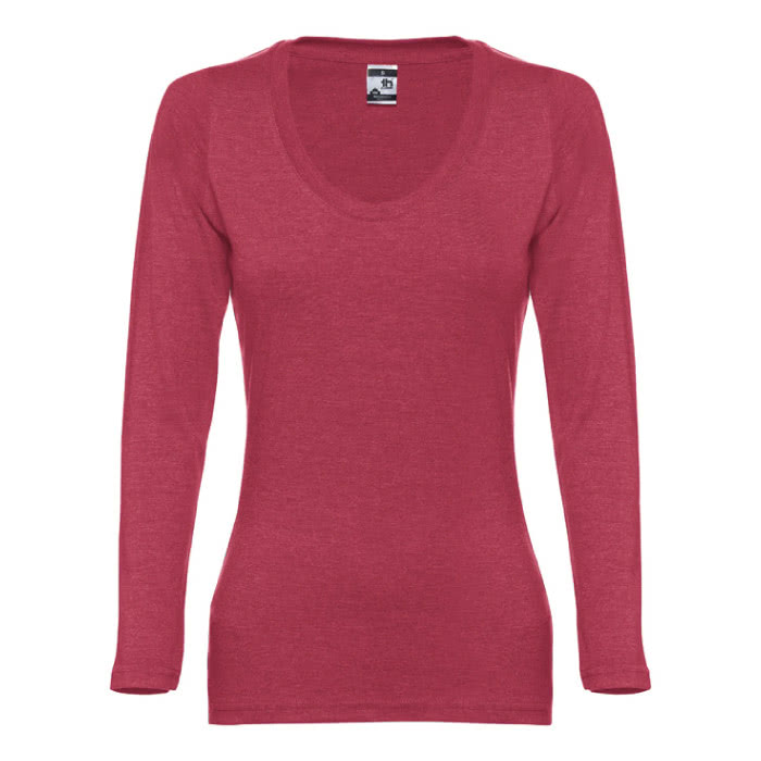 Camisetas mujer manga larga publicidad color rojo jaspeado