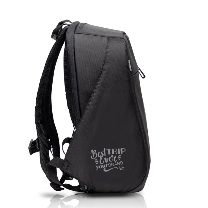 Mochila de viaje con bolsillos antirrobo y espacio para PC 15,6” vista con logo impreso