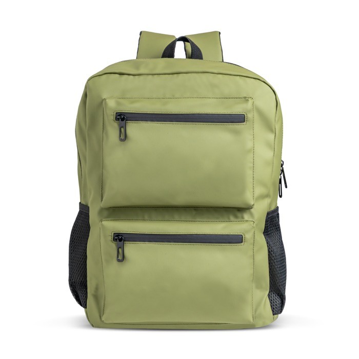 Mochila de piel PU con bolsillos frontales y laterales de malla 15.6” color verde oliva
