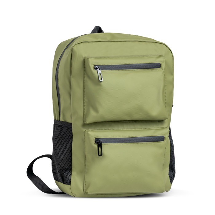 Mochila de piel PU con bolsillos frontales y laterales de malla 15.6” color verde oliva vista 1