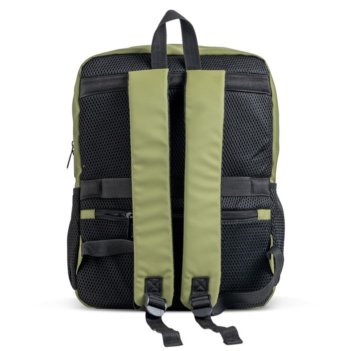 Mochila de piel PU con bolsillos frontales y laterales de malla 15.6” color verde oliva vista 2