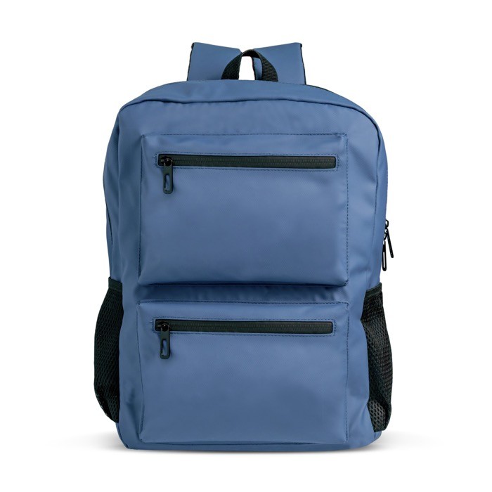 Mochila de piel PU con bolsillos frontales y laterales de malla 15.6” color azul marino