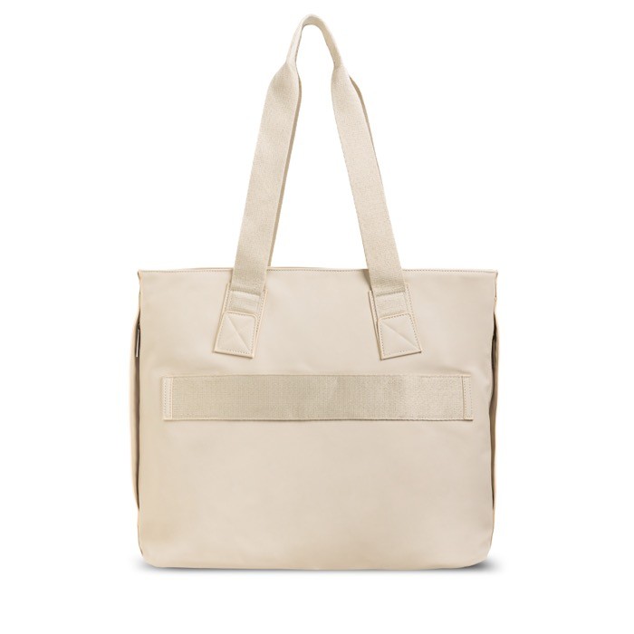 Bolsa de piel sintética con bolsillos ocultos y cinta trolley 15.6” color beige vista 1