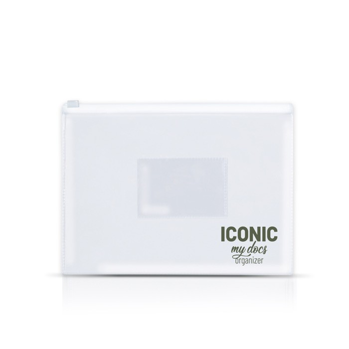 Carpeta transparente de plástico con cremallera para documentos A5 color transparente vista con logo impreso