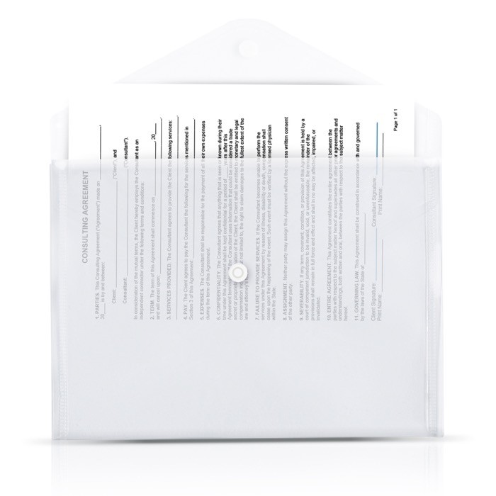 Carpeta portadocumentos con cierre de botón para hojas A4 color transparente vista de ambiente