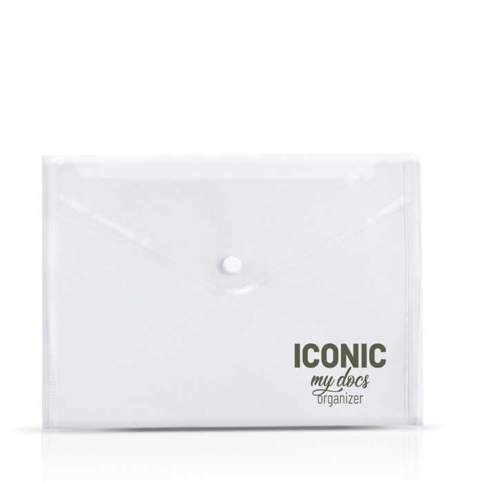 Carpeta portadocumentos con cierre de botón para hojas A4 color transparente vista con logo impreso