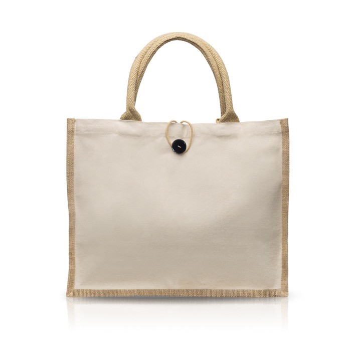 Bolsa de algodón y yute con botón de cierre y asas 310 g/m2 color beige