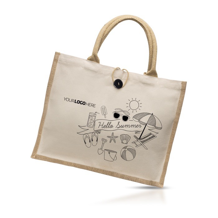 Bolsa de algodón y yute con botón de cierre y asas 310 g/m2 vista con logo impreso