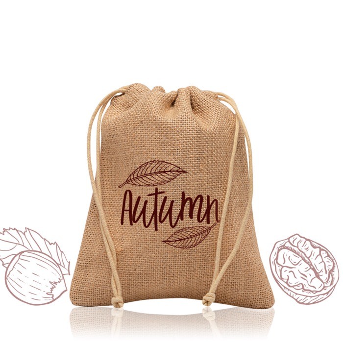 Bolsa pequeña de yute en color natural con dos cuerdas de lazos color marrón claro Bolsa pequeña de yute en color natural con dos cuerdas de lazos color marrón claro