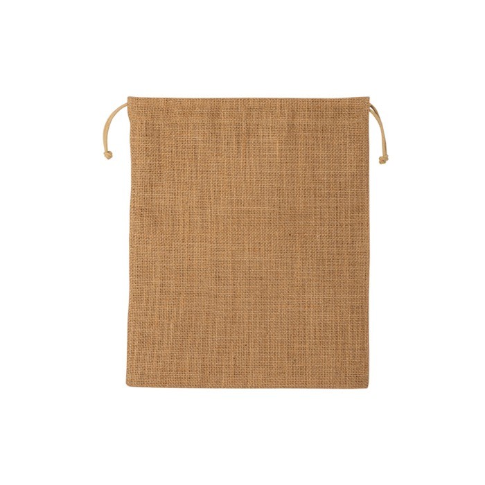 Bolsa pequeña de yute en color natural con dos cuerdas de lazos color marrón claro Bolsa pequeña de yute en color natural con dos cuerdas de lazos color marrón claro