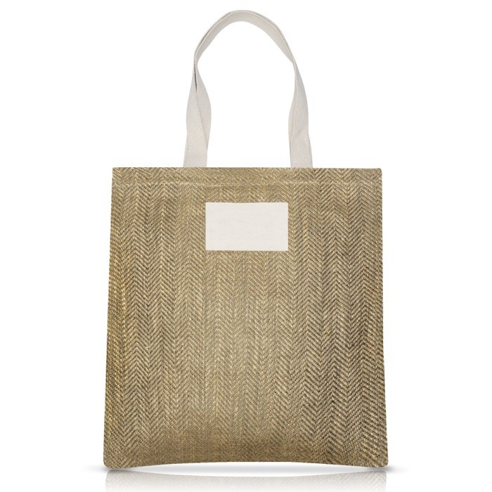 Bolsa de yute con asas de algodón y tejido con acabado zig-zag color verde oliva Bolsa de yute con asas de algodón y tejido con acabado zig-zag color verde oliva