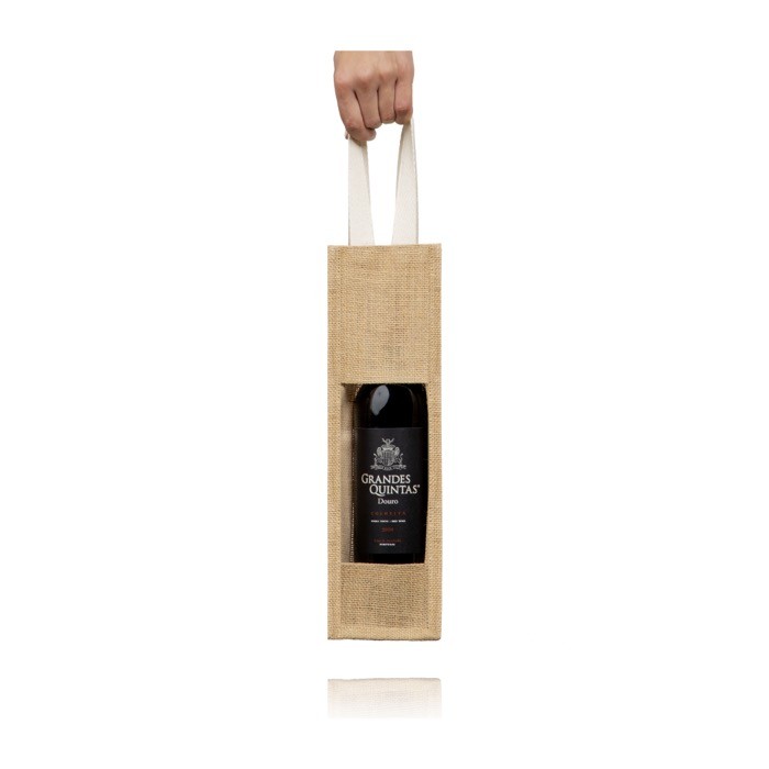 Bolsa de yute con acabado laminado para botellas de vino 750ml color beige vista 4