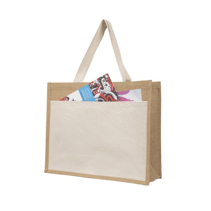 Bolsa de yute y algodón resistente hasta 11kg con bolsillo frontal vista 1 Bolsa de yute y algodón resistente hasta 11kg con bolsillo frontal vista 1