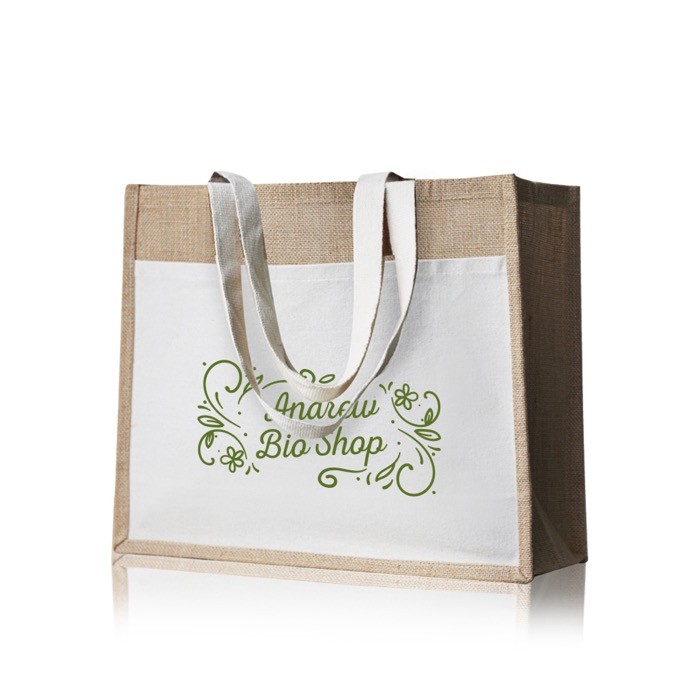 Bolsa de yute y algodón resistente hasta 11kg con bolsillo frontal vista 1 Bolsa de yute y algodón resistente hasta 11kg con bolsillo frontal vista 1