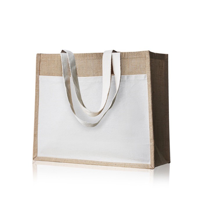 Bolsa de yute y algodón resistente hasta 11kg con bolsillo frontal color beige Bolsa de yute y algodón resistente hasta 11kg con bolsillo frontal color beige