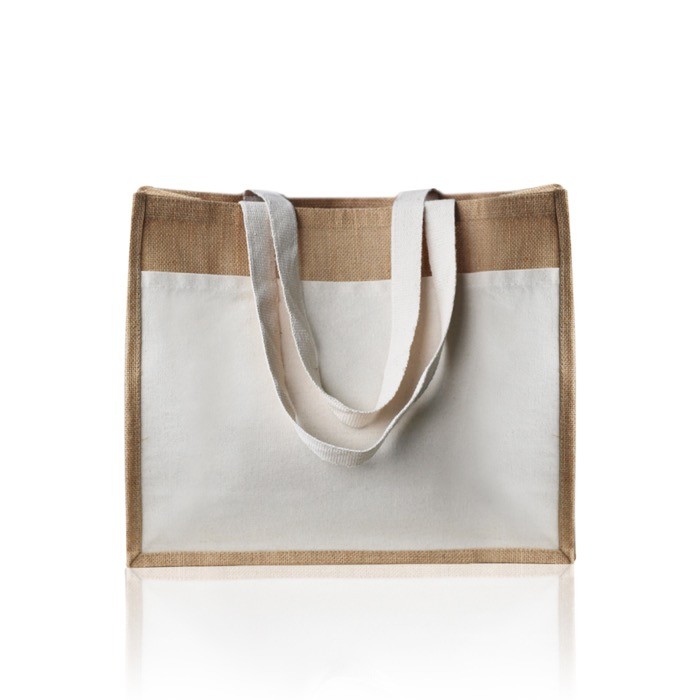 Bolsa de yute y algodón resistente hasta 11kg con bolsillo frontal color beige vista 1 Bolsa de yute y algodón resistente hasta 11kg con bolsillo frontal color beige vista 1