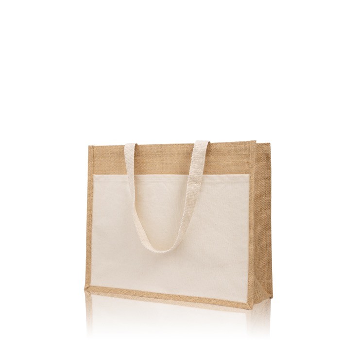 Bolsa de yute y algodón resistente hasta 11kg con bolsillo frontal color beige vista 2 Bolsa de yute y algodón resistente hasta 11kg con bolsillo frontal color beige vista 2