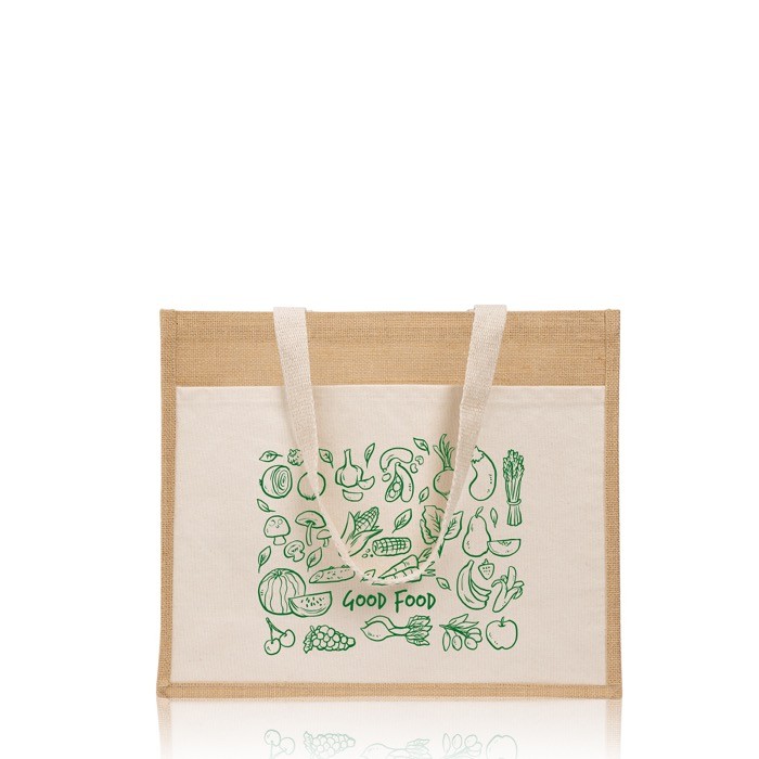 Bolsa de yute y algodón resistente hasta 11kg con bolsillo frontal color beige Bolsa de yute y algodón resistente hasta 11kg con bolsillo frontal color beige