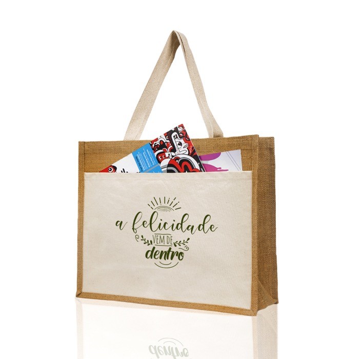 Bolsa de yute y algodón resistente hasta 11kg con bolsillo frontal Bolsa de yute y algodón resistente hasta 11kg con bolsillo frontal