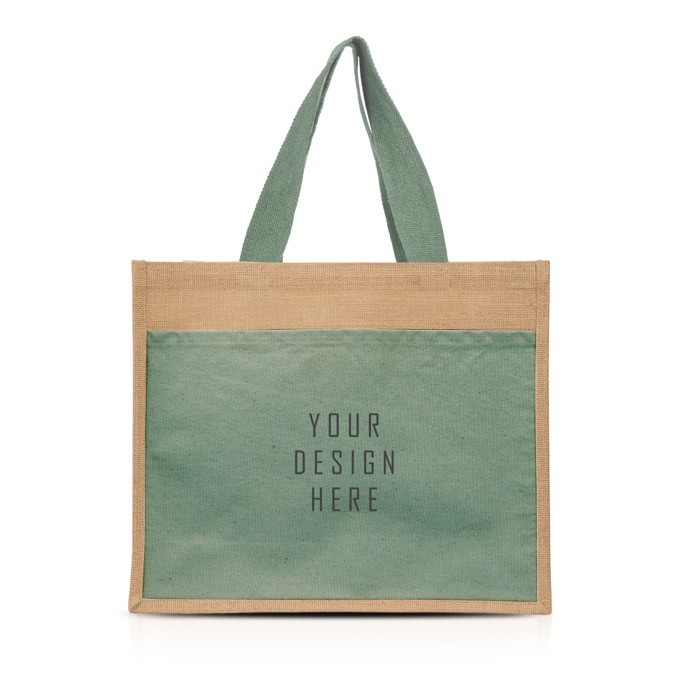 Bolsa de yute y algodón resistente hasta 11kg con bolsillo frontal vista con logo impreso Bolsa de yute y algodón resistente hasta 11kg con bolsillo frontal vista con logo impreso