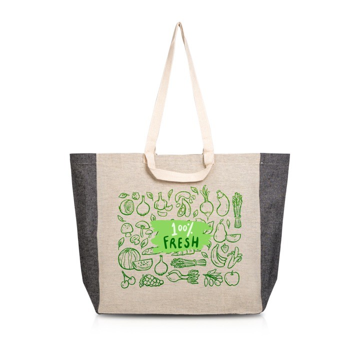 Bolsa de algodón reciclado natural con lateral sombreado 190 g/m2 color negro vista con logo impreso Bolsa de algodón reciclado natural con lateral sombreado 190 g/m2 color negro vista con logo impreso