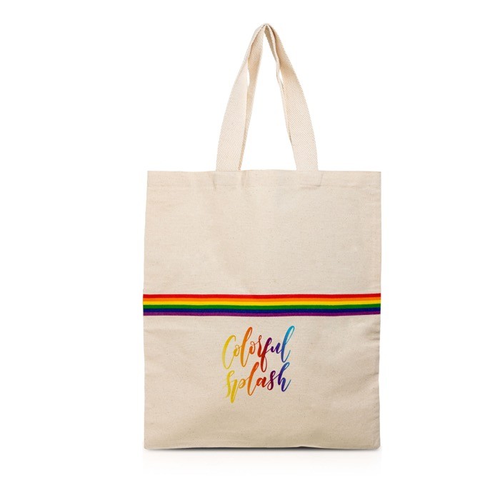 Bolsa de algodón en natural con banda multicolor y asas 180 g/m2 Bolsa de algodón en natural con banda multicolor y asas 180 g/m2