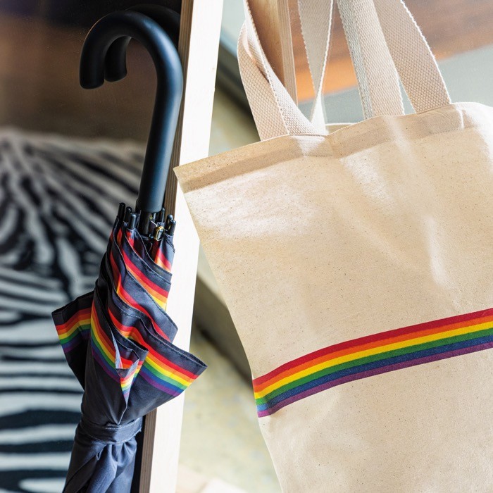 Bolsa de algodón en natural con banda multicolor y asas 180 g/m2 vista 2 Bolsa de algodón en natural con banda multicolor y asas 180 g/m2 vista 2