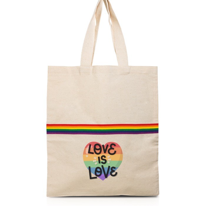 Bolsa de algodón en natural con banda multicolor y asas 180 g/m2 Bolsa de algodón en natural con banda multicolor y asas 180 g/m2