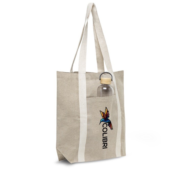 Bolsa de compras de algodón reciclado con asas 310 g/m2 color beige vista con logo impreso