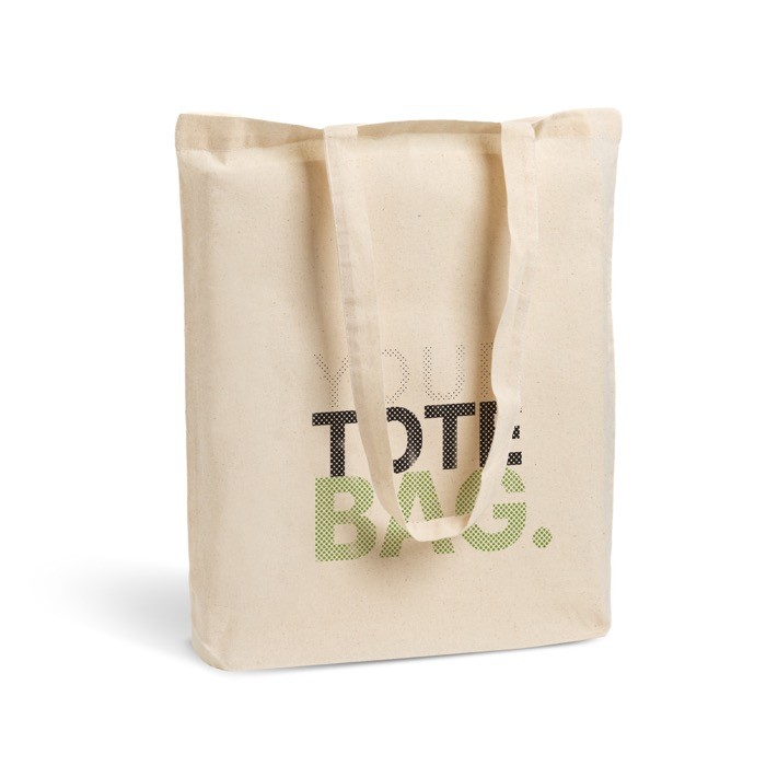 Bolsa de algodón 100% con asas largas ideal para la compra 140 g/m2 color beige vista con logo impreso