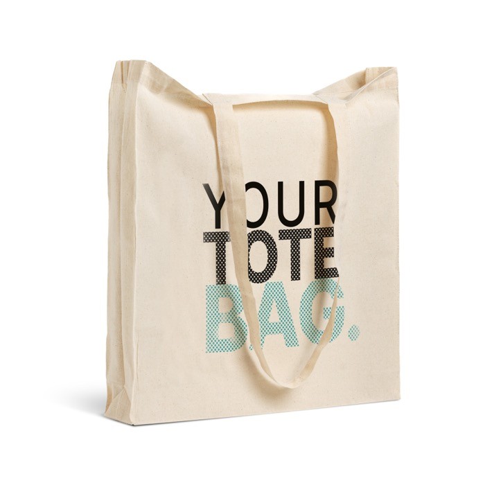 Bolsa de algodón con fuelle completo para mayor capacidad 140 g/m2 color beige vista con logo impreso Bolsa de algodón con fuelle completo para mayor capacidad 140 g/m2 color beige vista con logo impreso