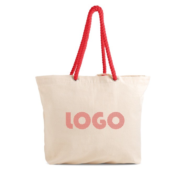 Bolsa de lona grande con asas de cordón ideal para verano 220 g/m2 color rojo vista con logo impreso