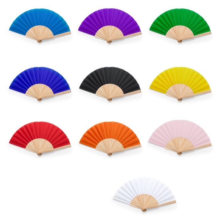 Abanico de colores con tela de poliéster y varillas de madera color rojo vista detalle 2