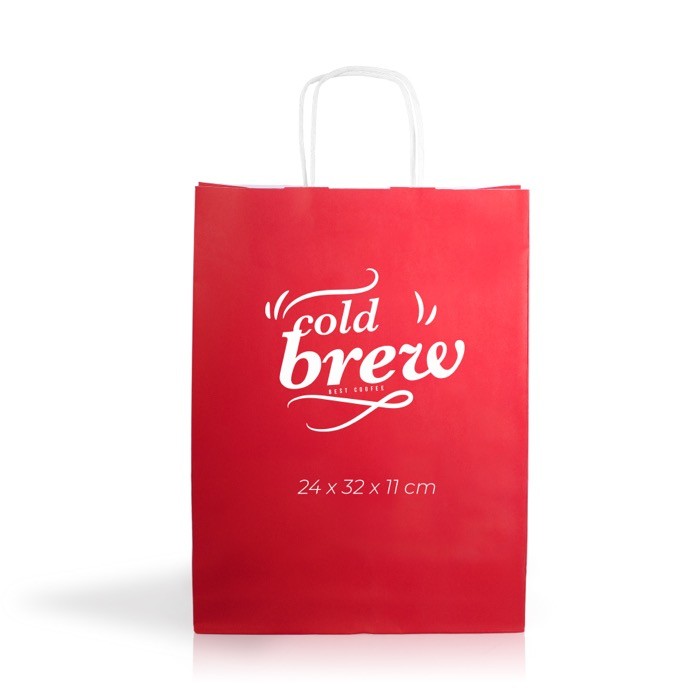 Bolsa de papel kraft en varios colores con asas 90 g/m2 color rojo vista con logo impreso Bolsa de papel kraft en varios colores con asas 90 g/m2 color rojo vista con logo impreso