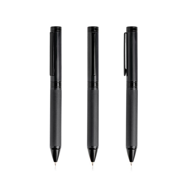 Set de bolígrafo y roller de acero y aluminio con relieve tinta negra color negro vista 1 Set de bolígrafo y roller de acero y aluminio con relieve tinta negra color negro vista 1