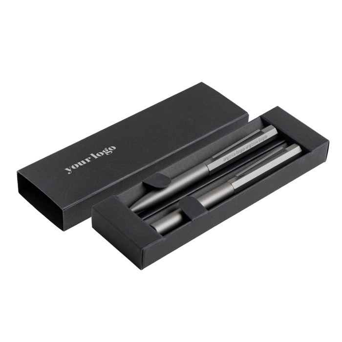 Set de bolígrafo y roller de aluminio con diseño hexagonal tinta negra vista con logo impreso Set de bolígrafo y roller de aluminio con diseño hexagonal tinta negra vista con logo impreso